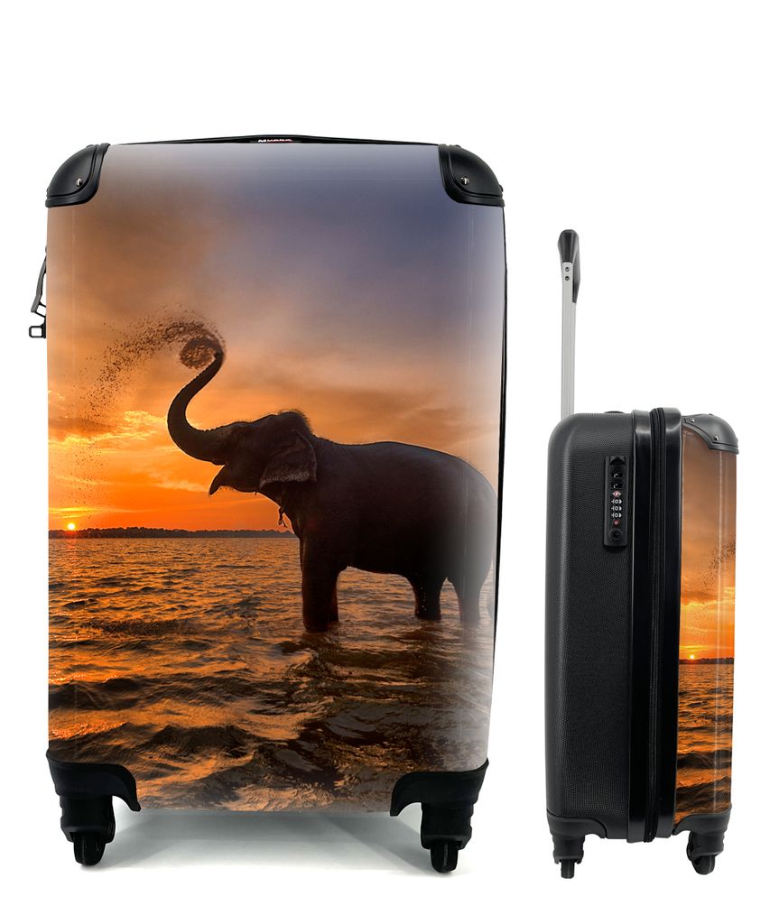 MuchoWow Koffer Handgepäck Trolley Rollkoffer Kleine Reisekoffer mit 4 Rollen - Elefant - Meer - Tiere - Sonnenuntergang - Orange - Cabin Size <...