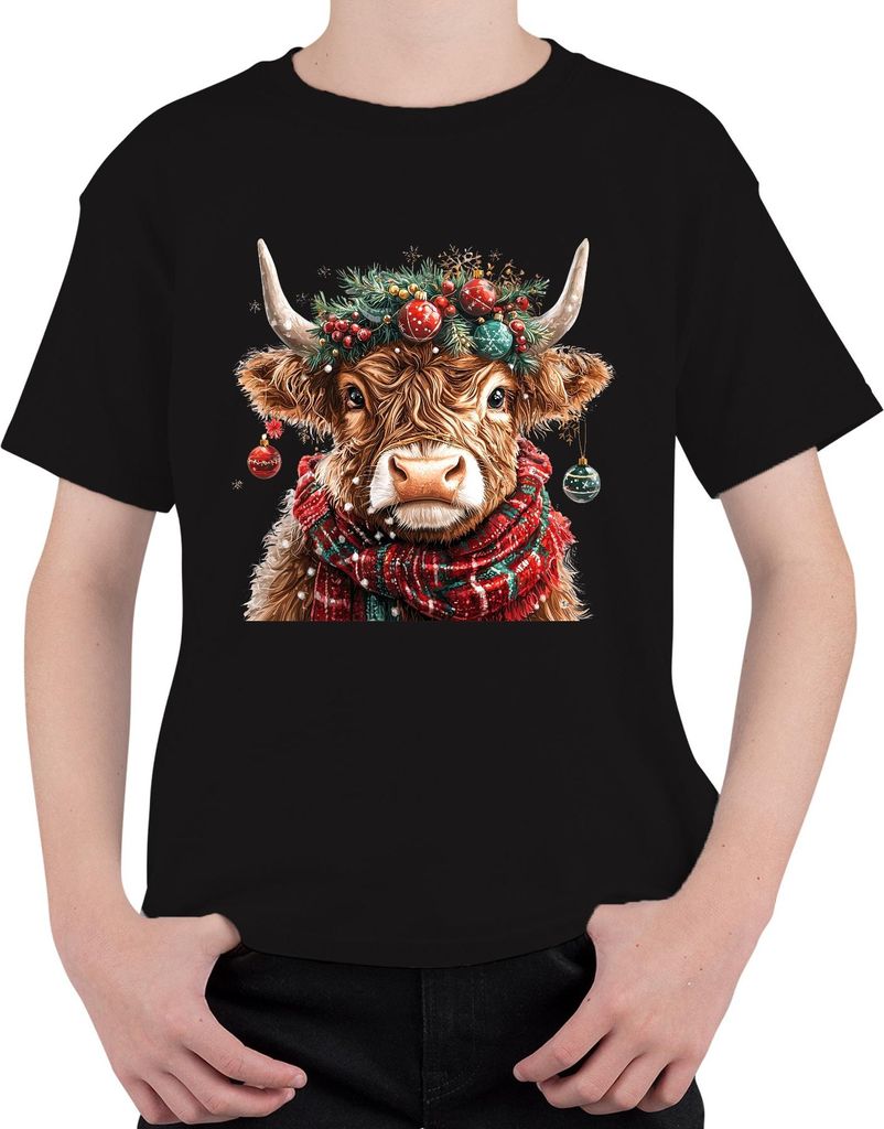Weihnachtskuh Highland Kuh Kranz Kugeln Schal Winter Geschenk Uni Kinder T-Shirt, Schwarz, 128
