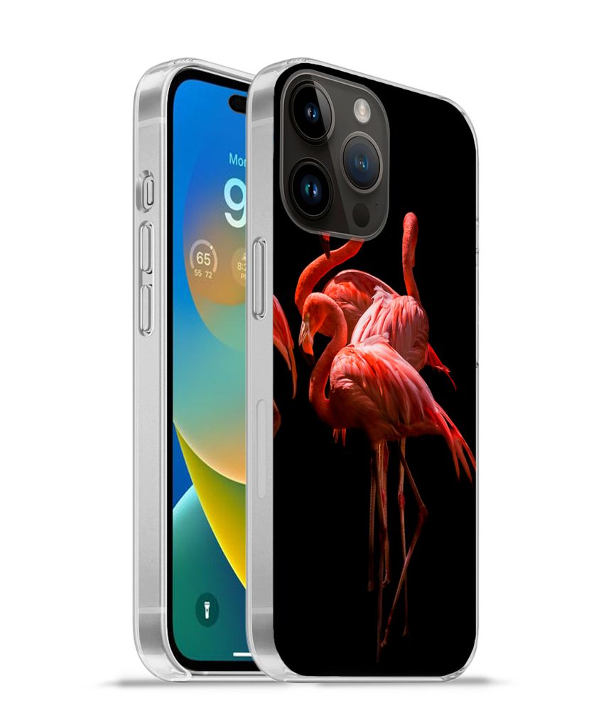MuchoWow Handyhülle Schutzhülle Hülle für Apple iPhone 14 Pro Max Flamingos - Vögel - Federn - Schwarz Silikon Softcase Handy Hülle - Hardc...
