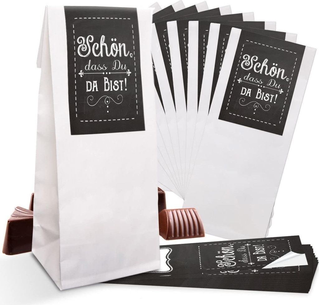 Weiße Blockbodenbeutel mit Folieneinlage 7 x 4 x 20,5 cm – mit Banderolen „Danke“ & „Schön, dass du da bist“"Schön, dass du da bist" s...