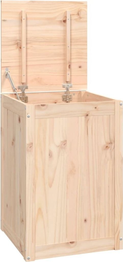 A wooden storage chest with its lid open, showing the interior and hinges.