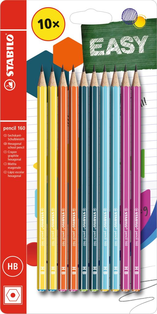 Bleistift - STABILO pencil 160 in 2x gelb, orange, blau, petrol, pink - Härtegrad HB - 10er Pack
