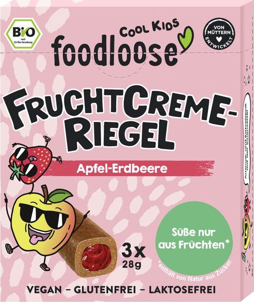 Foodloose Apfel-Erdbeere -Fruchtcreme-Riegel, Apfel, Erdbeere, 28 g, Apfel, Dattel (Frucht), Erdbeere, 92 kcal, 327 kcal, 386 kJ