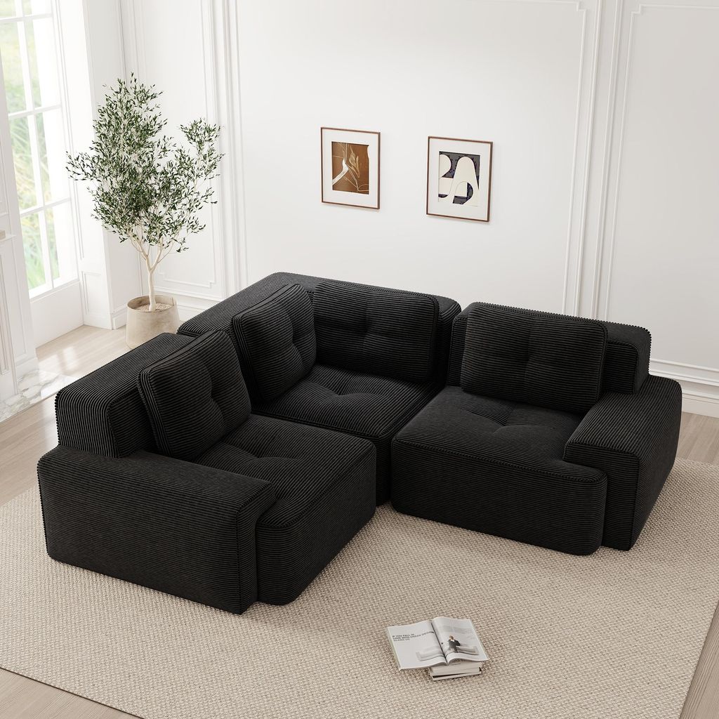MODFU Ecksofa Modulares Sofa,Dreisitzer mit rutschfeste Standfüße,Cordstoff,L-förmiges Sofa mit breiten Armlehnen,Schwarz