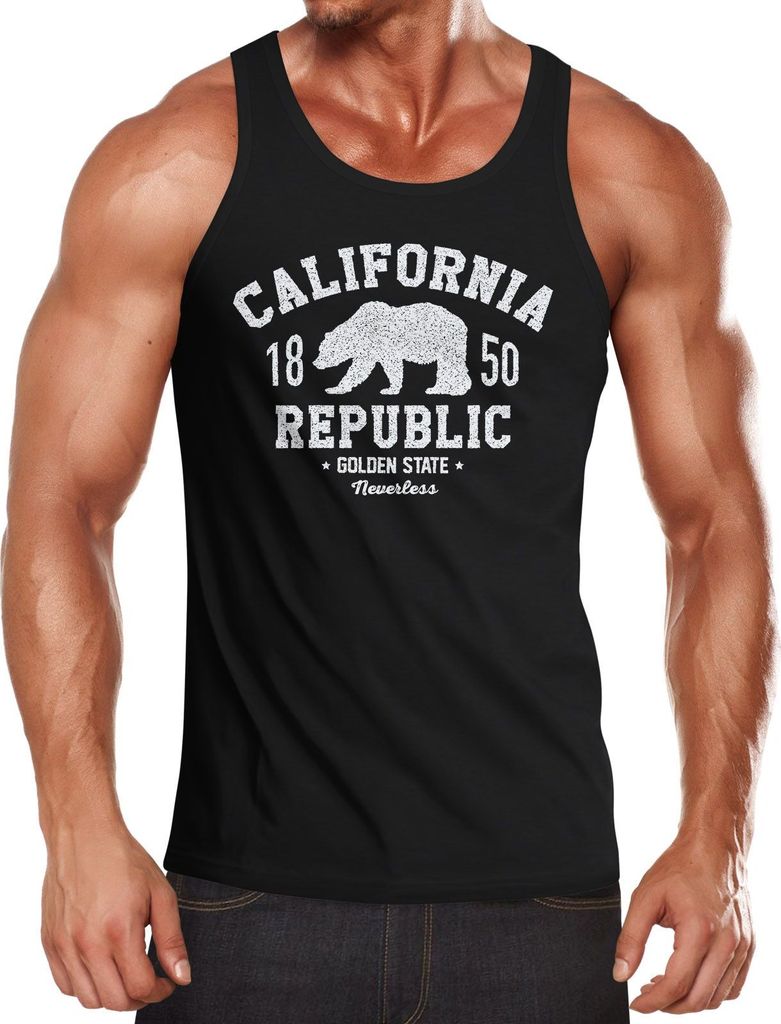 Herren Tank-Top California Republic Kalifornien Golden State Grizzly Bär Bear Logo Muskelshirt Muscle Shirt Neverless schwarz 3XL