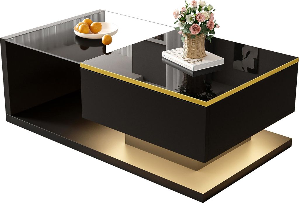 90 cm langer Couchtisch, Hochglanz-Schwarz. Beistelltische, Couchtische mit Glas und LED-Effekt