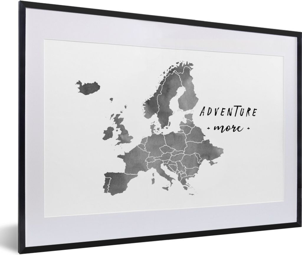 MuchoWow Gerahmtes Poster Eurocard in grauer Aquarellfarbe mit dem Zitat "Adventure more" - schwarz-weiß 60x40 cm - Poster mit Schwarzem Bilderr...