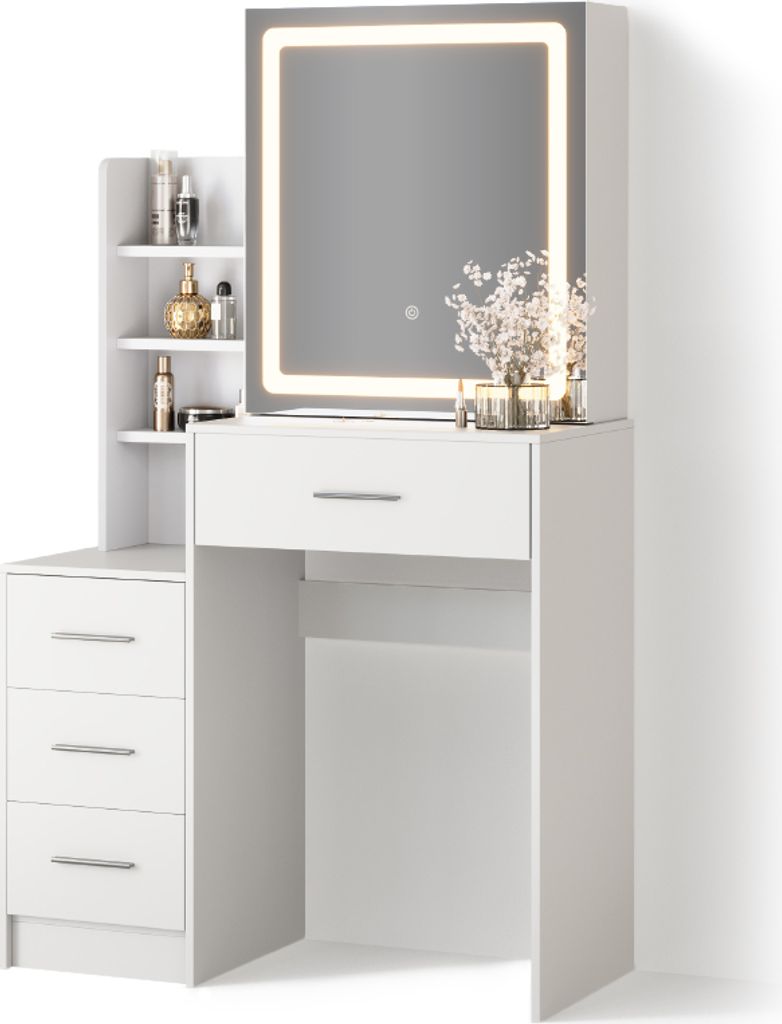 Coiffeuse Livinity Monza Blanc 80cm avec miroir LED, Model Image du produit 