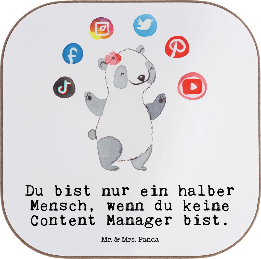 Mr. & Mrs. Panda Untersetzer für Gläser Content Manager Herz - Weiß - Geschenk, Tischschoner, Tischuntersetzer, Holzuntersetzer, Glas, gläserun...