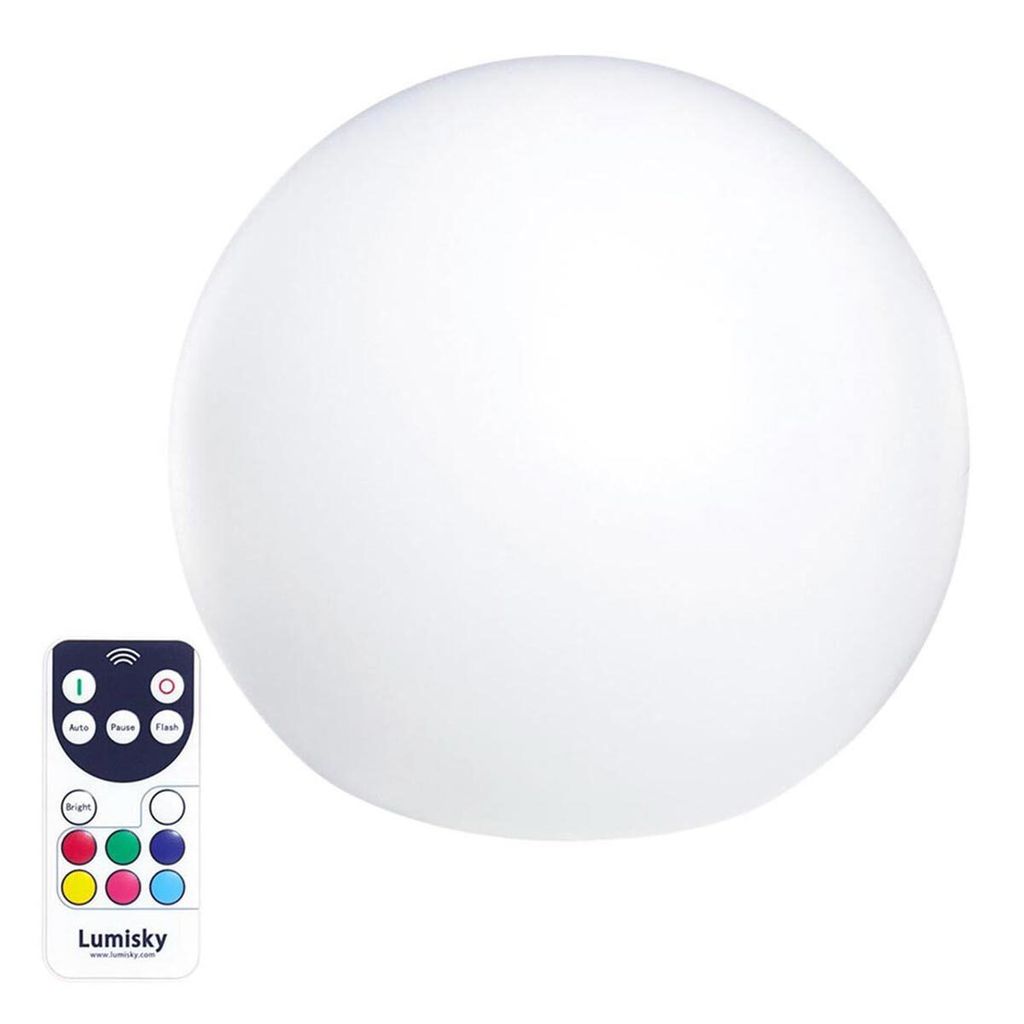 A white spherical light with a remote control.