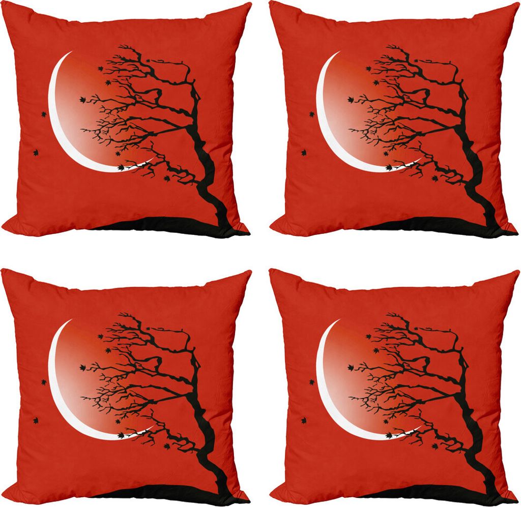 ABAKUHAUS Modern Kissenbezug Set (4 Stück), Digitaler Szenebaum Mond, Moderner Doppelseitiger Digitaldruck, 40 cm x 40 cm, Rot Schwarz Weiß
