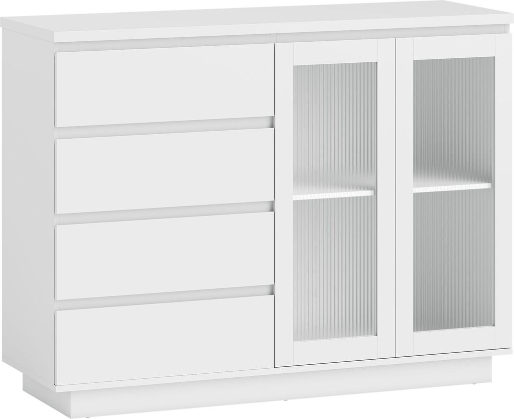 Buffetschrank, Sideboard mit 4 Schubladen, 2 Glastüren, modernes Design, MDF, Weiß
