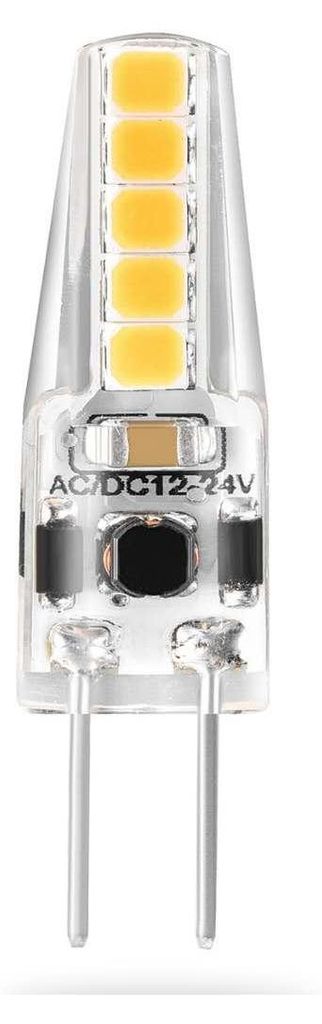 A close-up studio shot of an LED light bulb with a G4 base.