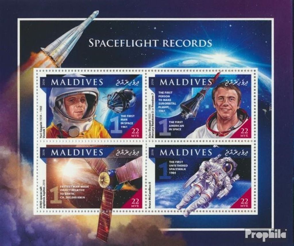 Briefmarken Malediven 2016 Mi 6711-6714 Kleinbogen (kompl. Ausg.) postfrisch Aufzeichnungen über die Raumfahrt