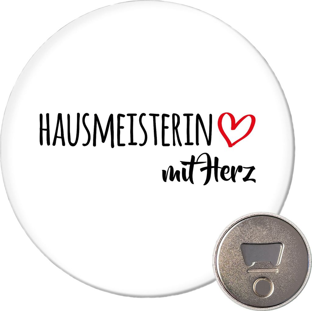Huuraa Magnet Hausmeisterin mit Herz 59mm Kühlschrankmagnet rund Flaschenöffner Geschenkidee