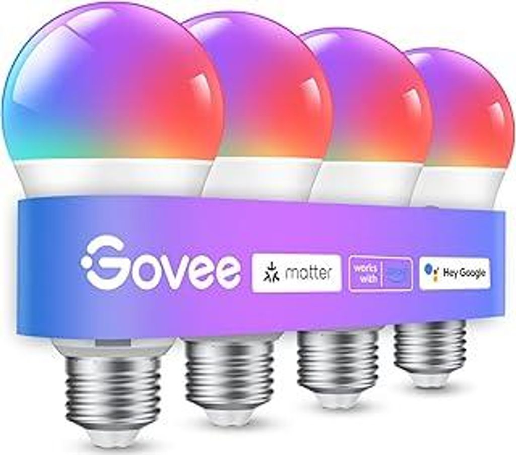 Govee Smart Glühbirne E27, WLAN LED Lampe RGBWW kompatibel mit Matter, und Google Assistant, dimmbare mit 16 Millionen DIY-Farben, 800LM, 54 Szene...