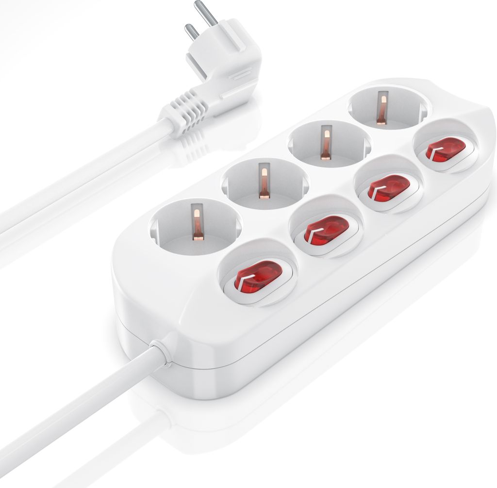 A white power strip with multiple sockets and individual switches, along with its white plug and cable, is shown against a white background.