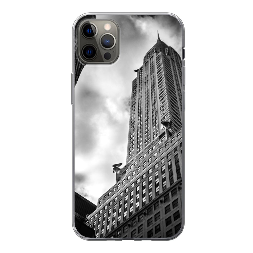 MuchoWow Handyhülle Schutzhülle Hülle für iPhone 13 Pro Max Chrysler Building in New York von unten nach oben in Schwarz-Weiß Silikon Softca...