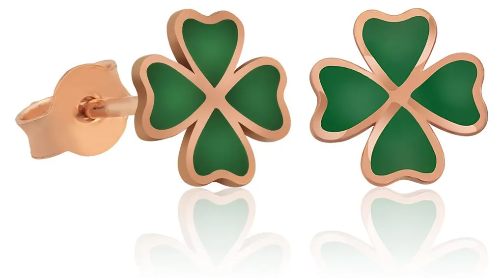 Boucles d'oreilles trèfle porte-bonheur en argent rose et émail vert