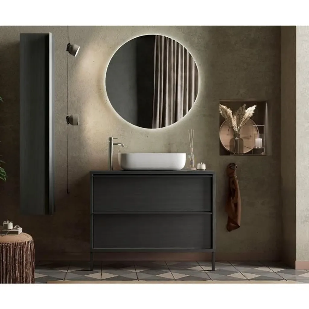 Meuble salle de bains chêne noir brûlé en acier 92cm à deux tiroirs