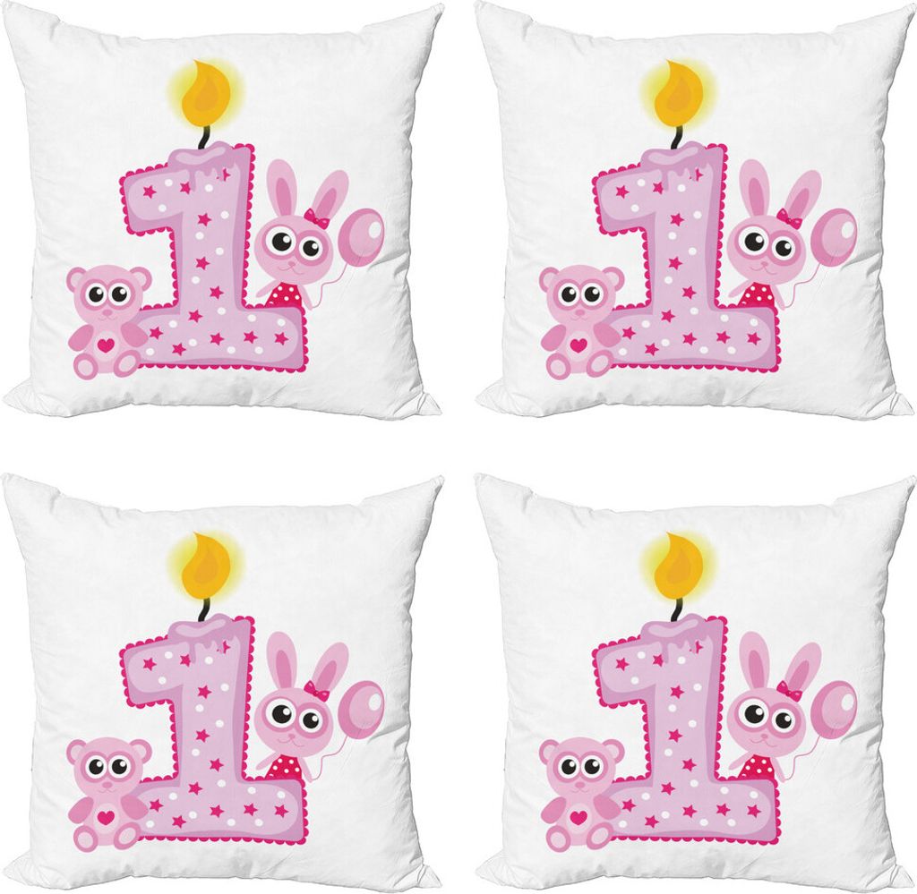 ABAKUHAUS 1. Geburtstag Kissenbezug Set (4 Stück), Mädchen-Geburtstags-Häschen, Moderner Doppelseitiger Digitaldruck, 50 cm x 50 cm, Pink und Lila
