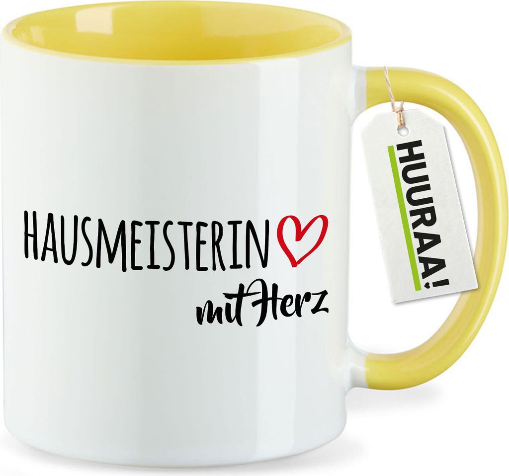 Huuraa Kaffeetasse Hausmeisterin mit Herz 330ml Gelb Keramik Kaffeebecher Geschenkidee