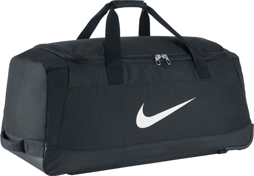 A black Nike duffel bag with a white Nike swoosh logo.