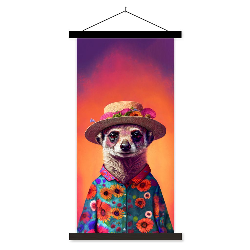 MuchoWow Textilposter Erdmännchen - Blumen - Hut - Tiere - Porträt - Erdmännchen 60x120 cm mit schwarzem Rahmen - Magnete