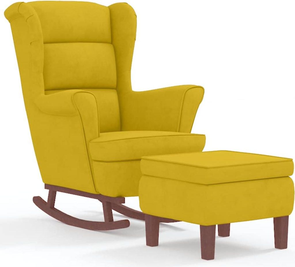 A yellow velvet rocking chair with an ottoman on a white background.