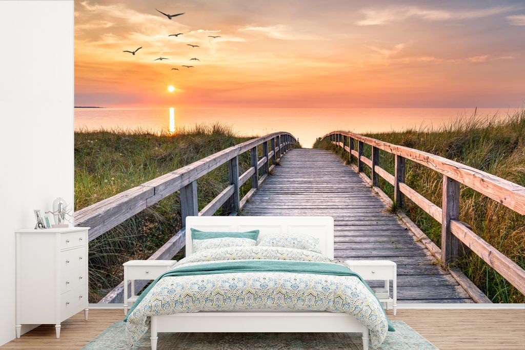 MuchoWow Fototapete für Wohnzimmer oder Schlafzimmer Wandtapete Vinyl Motivtapete Sonnenuntergang - Meer - Weg - Gras - Düne - Vögel - 390x260...