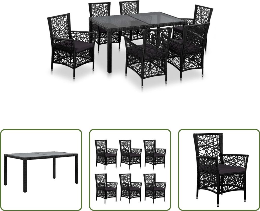 The Living Store 7-tlg. Garten-Essgruppe Poly Rattan Schwarz