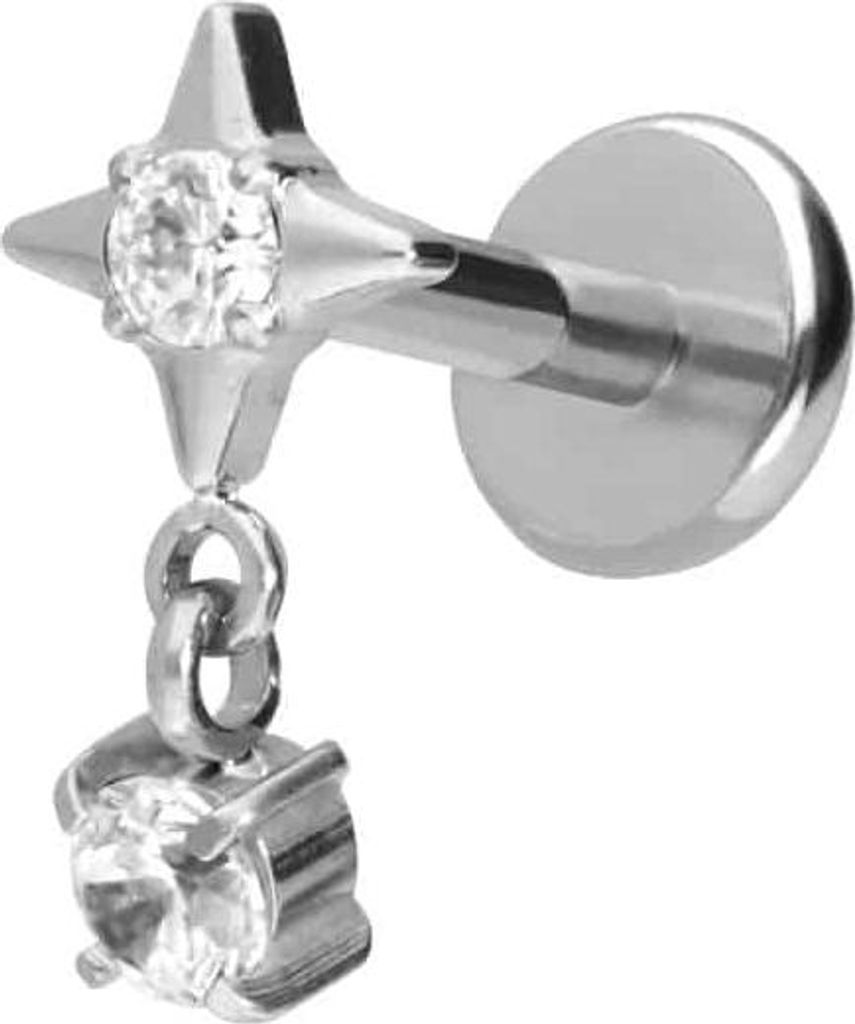 Ohrpiercing, Nasenpiercing Titan Labret mit Push Fit STERN + KRISTALL Silber Stablänge: 5mm | Stabstärke: 1mm