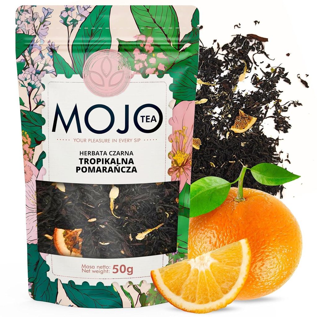 Mojo Tea Schwarzer Tee Tropische Orange 50 g-Aromatisierter loser Schwarztee mit Orangenschale, exotischen Früchten & feiner Süße-Früchtetee