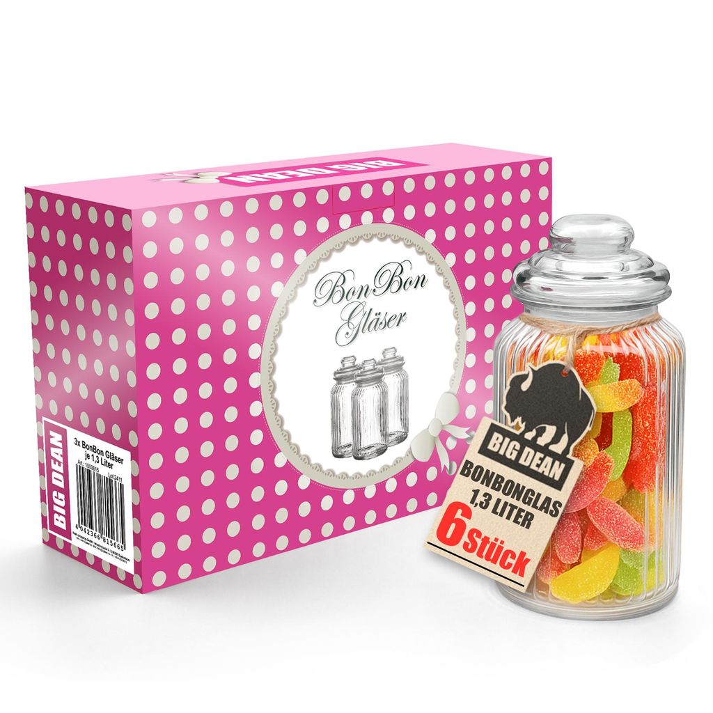 BigDean Bonbonglas 6x 1300ml Bonboniere Bonbonglas mit Deckel in Geschenkbox Vorratsgläser Spülmaschinfest Candy Bar Gläser