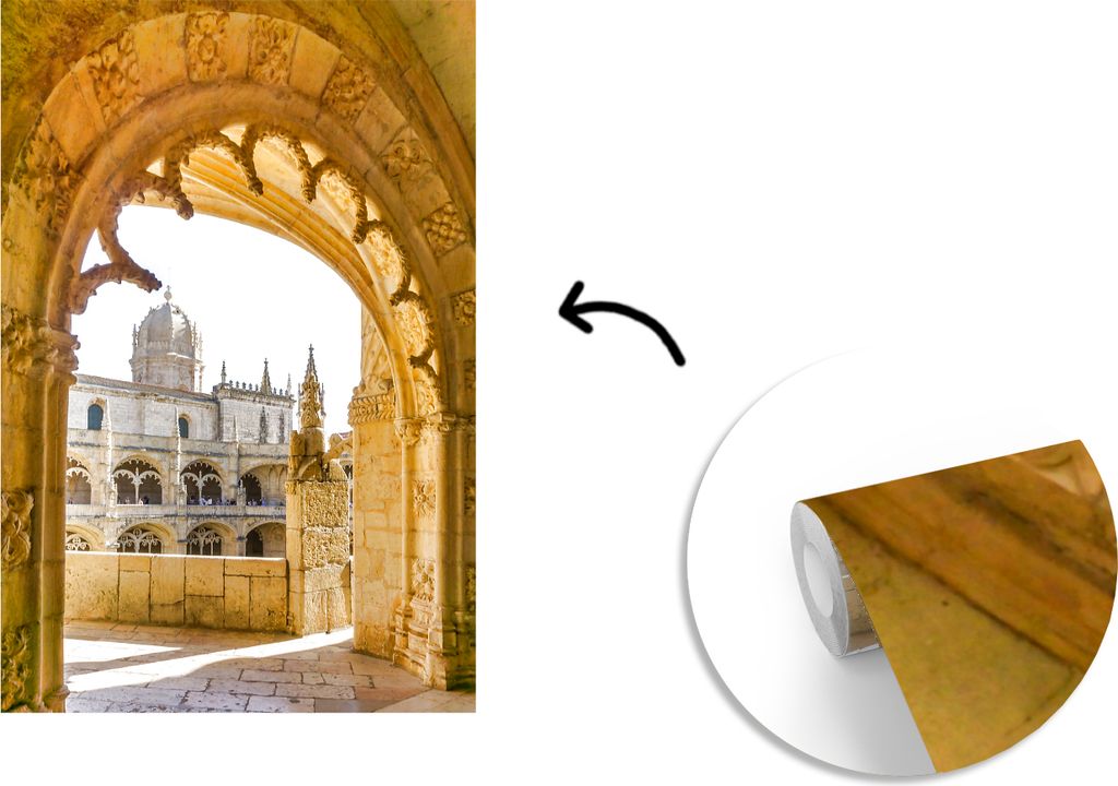 MuchoWow Fototapete für Wohnzimmer oder Schlafzimmer Wandtapete Vinyl Motivtapete Bogengang im Mosteiro dos Jerónimos - 190x280 cm - Küche