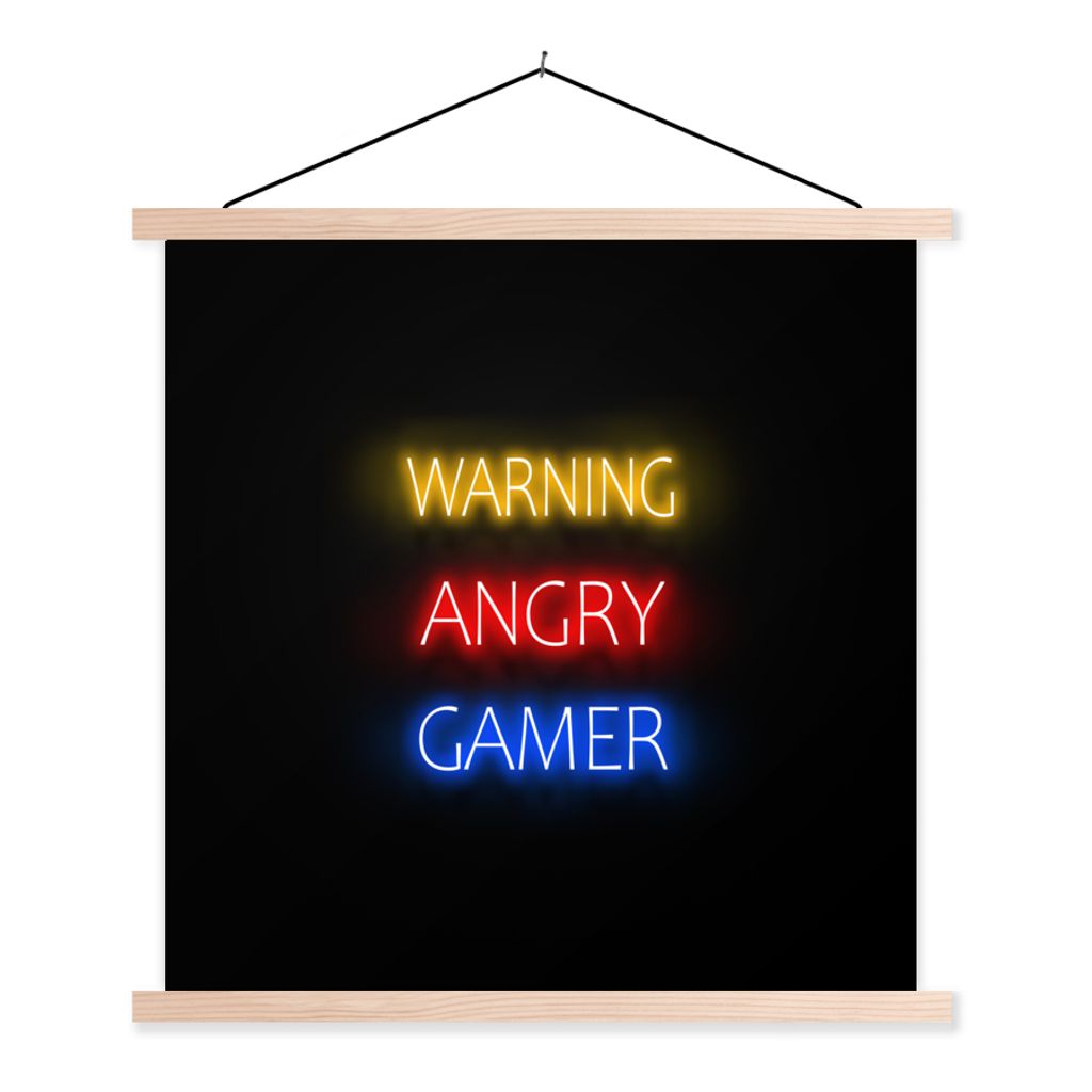 MuchoWow Textilposter Gaming - Zitate - Warnung wütender Gamer - Neon 40x40 cm mit holzfarbenen Rahmen - Posterleiste