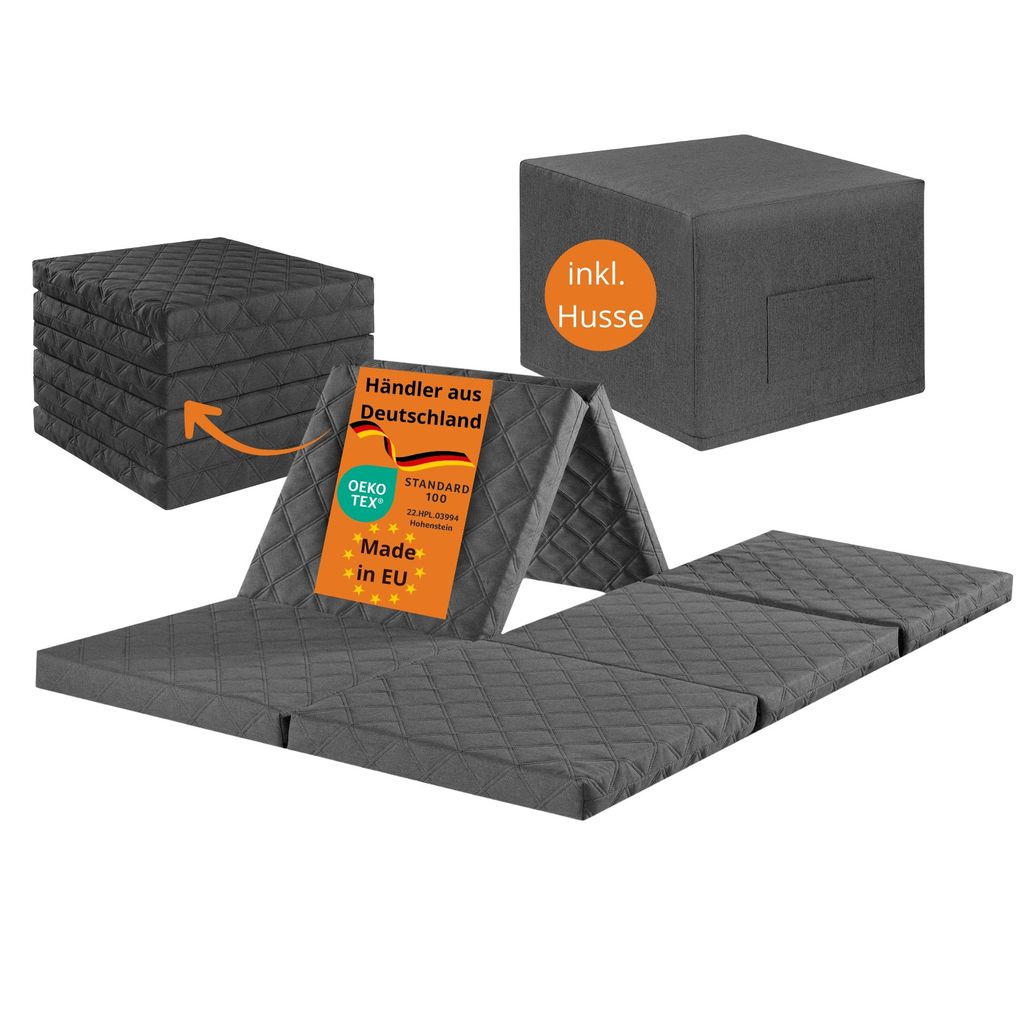 A folded and unfolded mattress, with a stacked mattress and a cube-shaped cover shown.