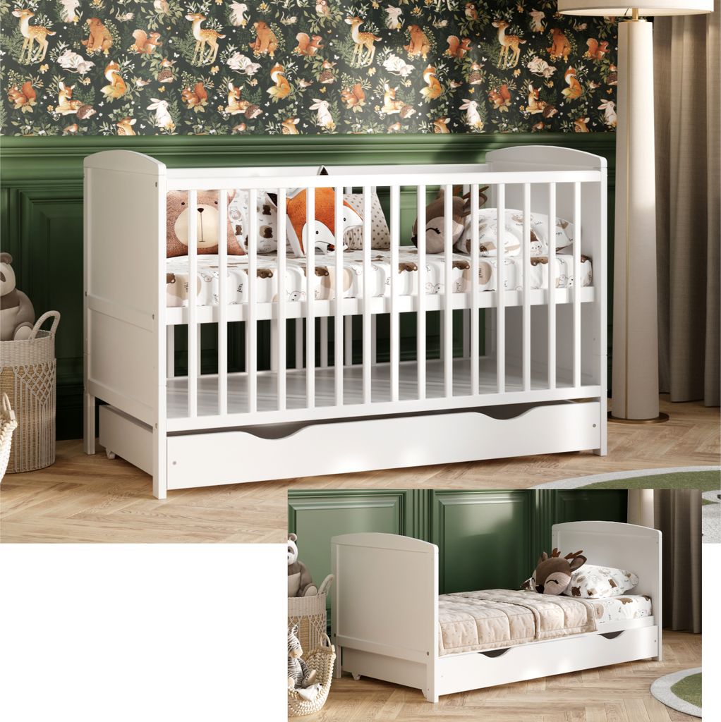 Babybett Leo 60×120 cm mit Schublade, Sofafunktion, verstellbarem Lattenrost und herausnehmbaren Sprossen (ohne Matratze)