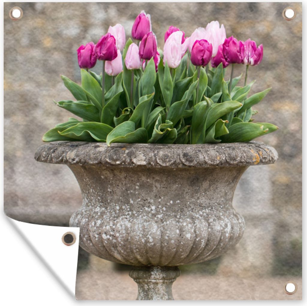 MuchoWow 50x50 cm Outdoor-Poster Gartendeko Sichtschutz Garten Poster für den Garten Ein Pflanzgefäß aus Stein mit rosa Tulpen