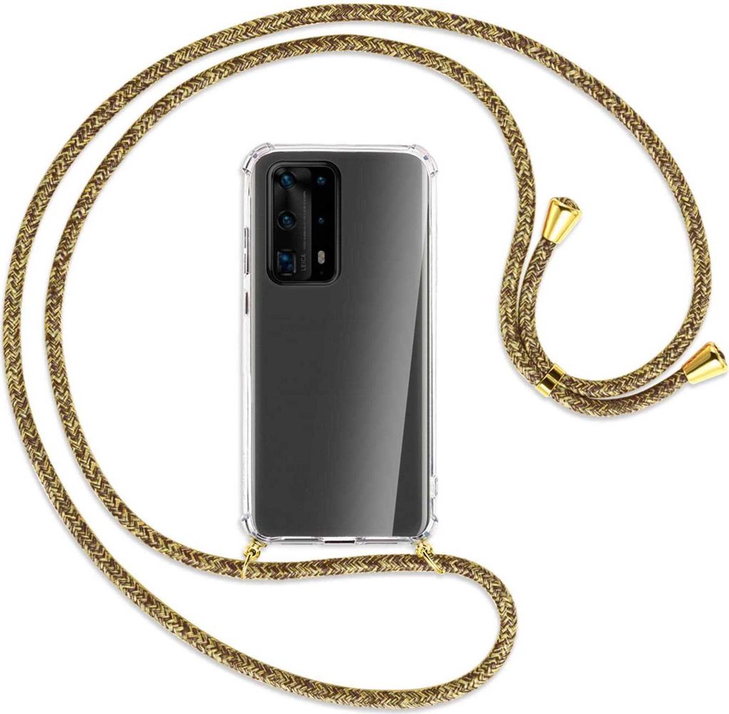 Handykette Backcover-Schutzhülle mit Band (Metall goldfarben) für Huawei P40 Pro Plus - braun+beige