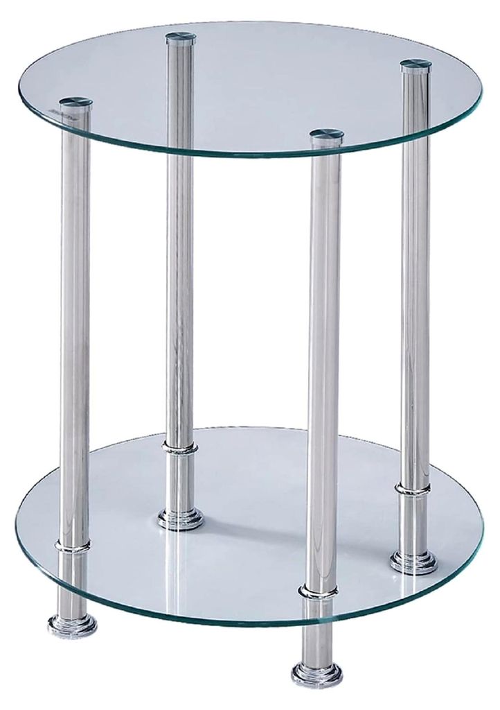 Runder Beistelltisch mit 2 Ablagen, Kleiner Glastisch mit Hartglasoberfläche und Metallgestell, Nachttisch, Sofatisch