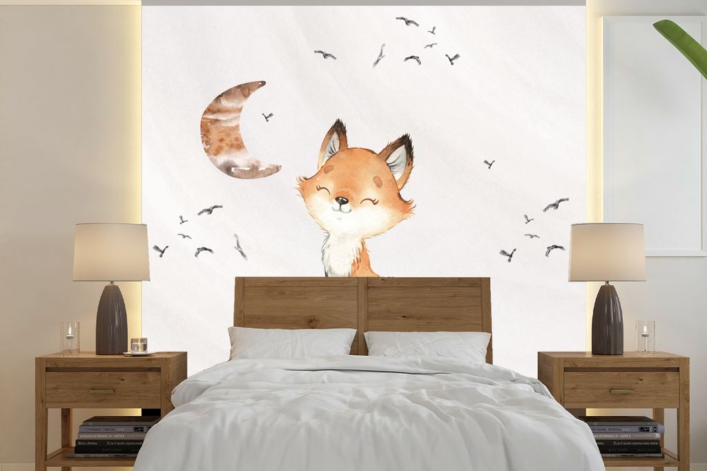 MuchoWow Fototapete für Wohnzimmer oder Schlafzimmer Wandtapete Vinyl Motivtapete Zitate - Aquarell - Stark sein - Kinder - Fuchs - Tiere - 220x...