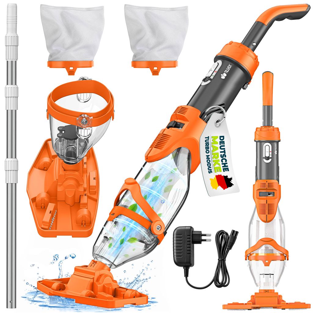 tillvex Poolsauger Orange/Anthrazit mit Akku & Teleskopstange + Ersatzfilter bis zu 15 m³ | Pool Bodensauger elektrisch | Poolreiniger mit Filter ...
