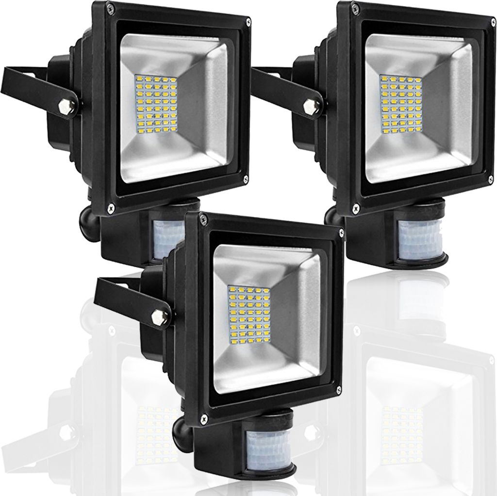 Three black LED floodlights with motion sensors are arranged in a cluster on a white background.