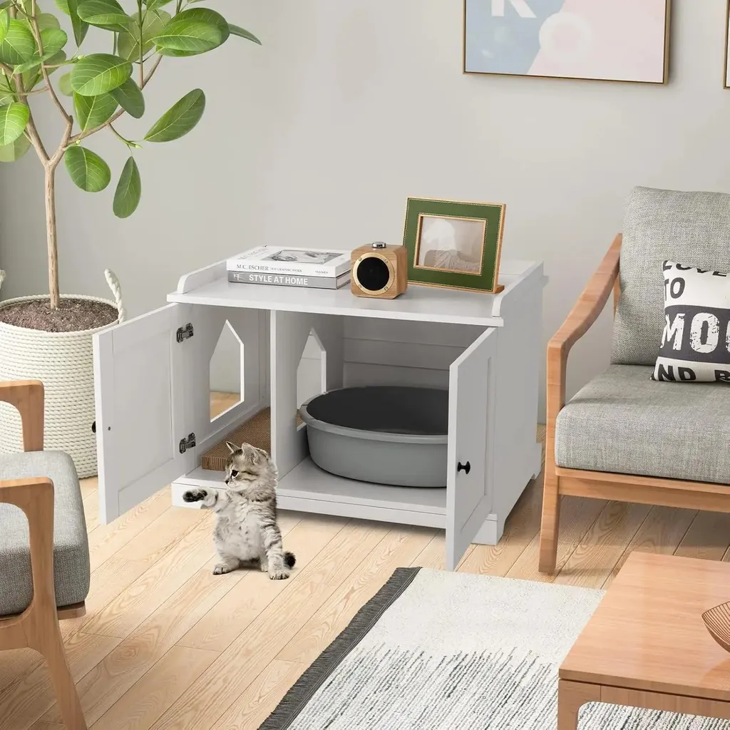 Cache litière chat blanc anti-odeur et anti-projection - Meuble intérieur