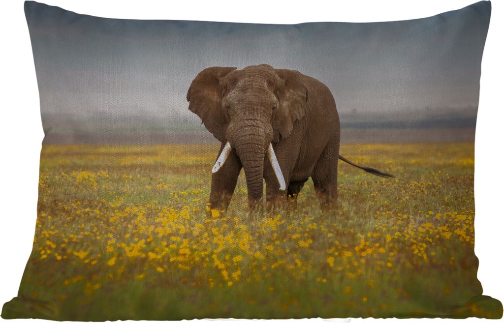MuchoWow Outdoor Kissen - Elefant - Blumen - Gras - Tiere - Natur - 50x30 cm - Wetterfest - Lounge Kissen - Sofa kissen - Wohnzimmer Dekoration