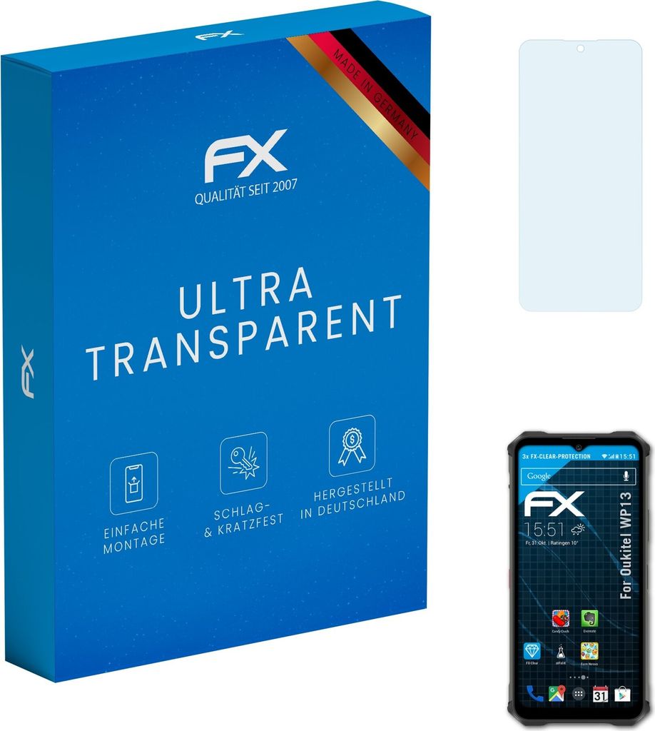 atFoliX FX-Clear 3x Schutzfolie kompatibel mit Oukitel WP13 Displayschutzfolie