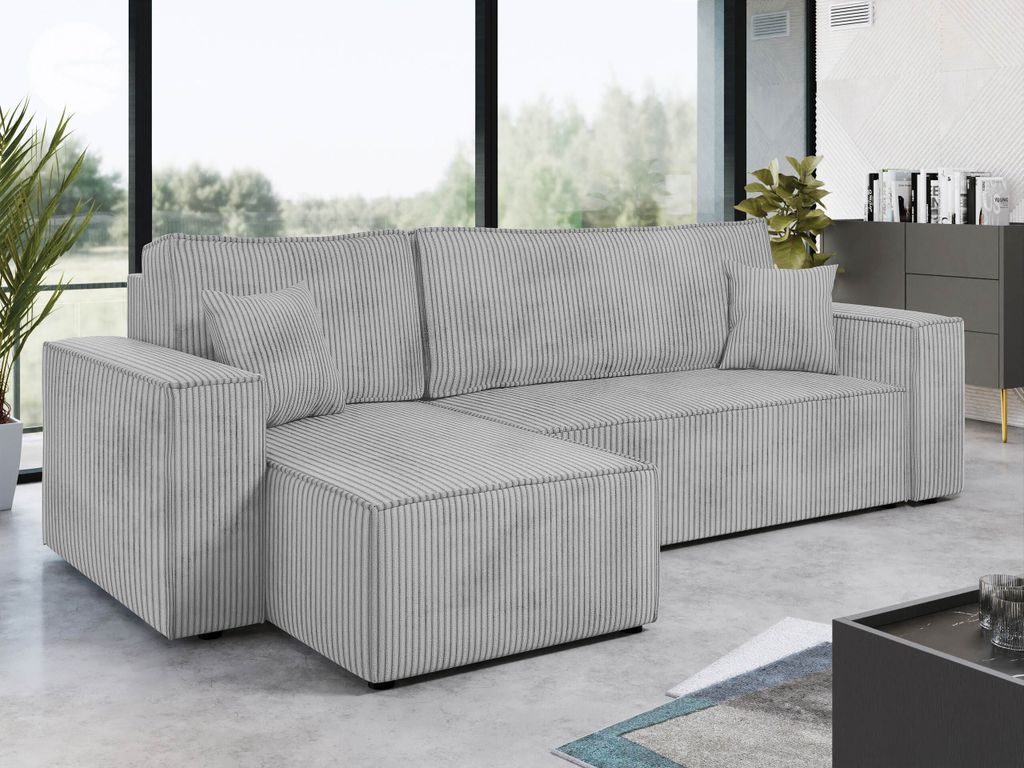 MIRJAN24 Ecksofa Karl Cord mit Bettkasten und Schlaffunktion, Seite universal, Rückenlehne in Form beweglicher Kissen (Farbe: Poso 110)