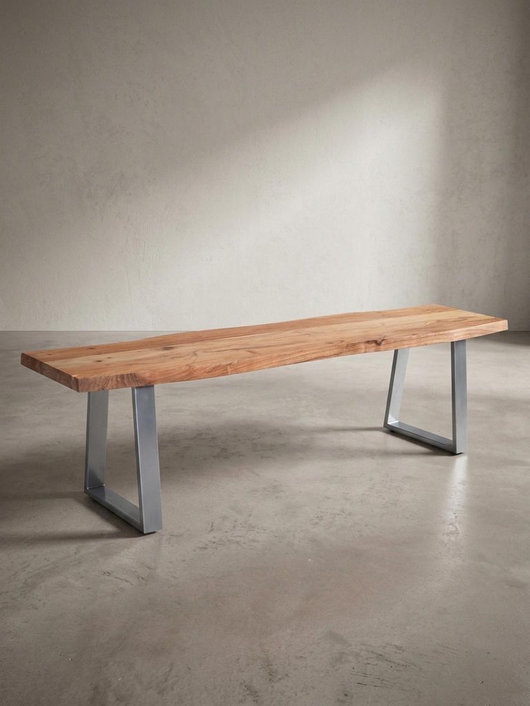 Esszimmerbank 180x40x45,5 cm Akazie Massivholz / Metall mit Baumkante, Esstischbank Holzbank Massiv ohne Lehne, Küchenbank Chrom Essbank Modern, S...