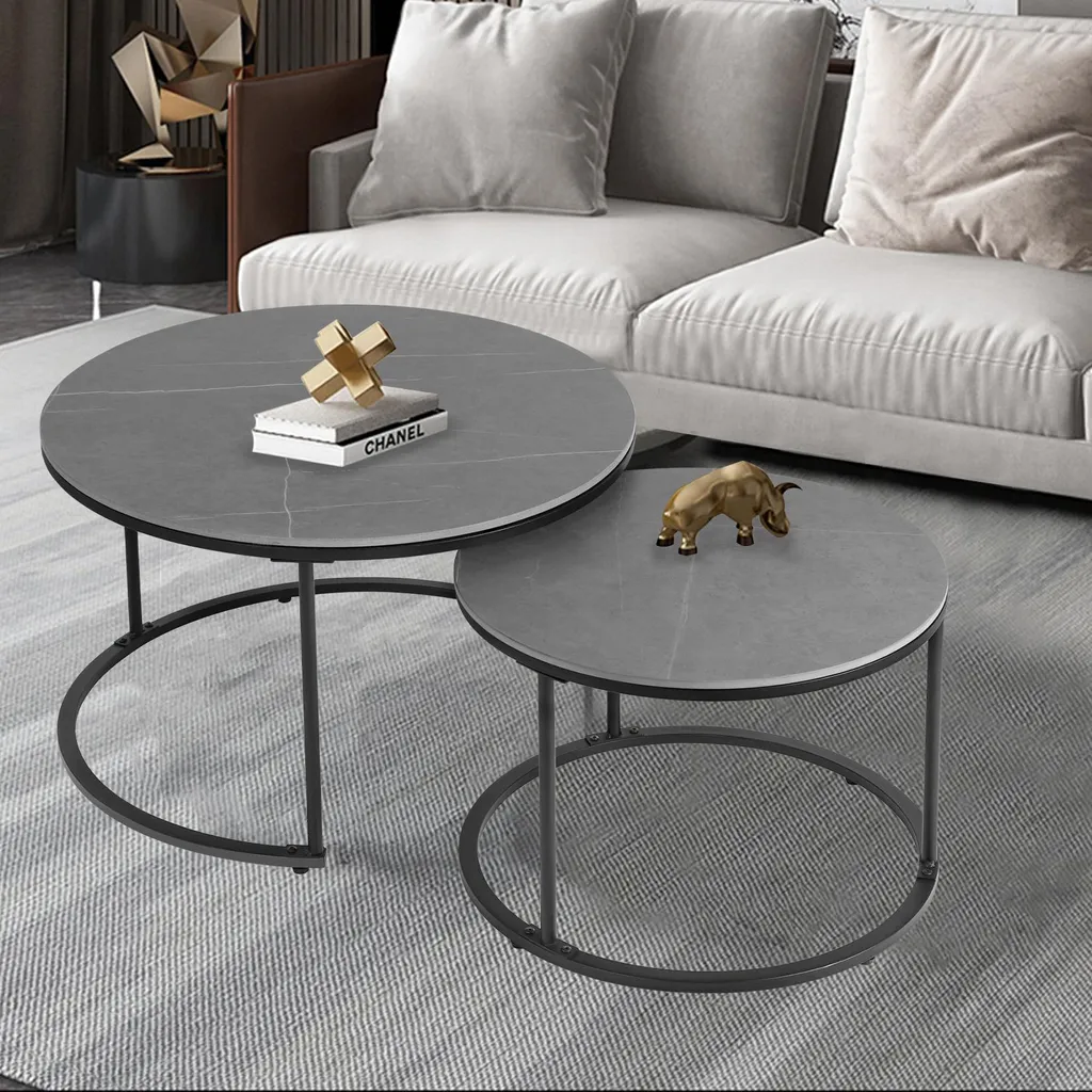 FATIVO Tables Basses Gigognes Rondes Lot de 2 Effet Marbre Blanc Ø60/80cm
